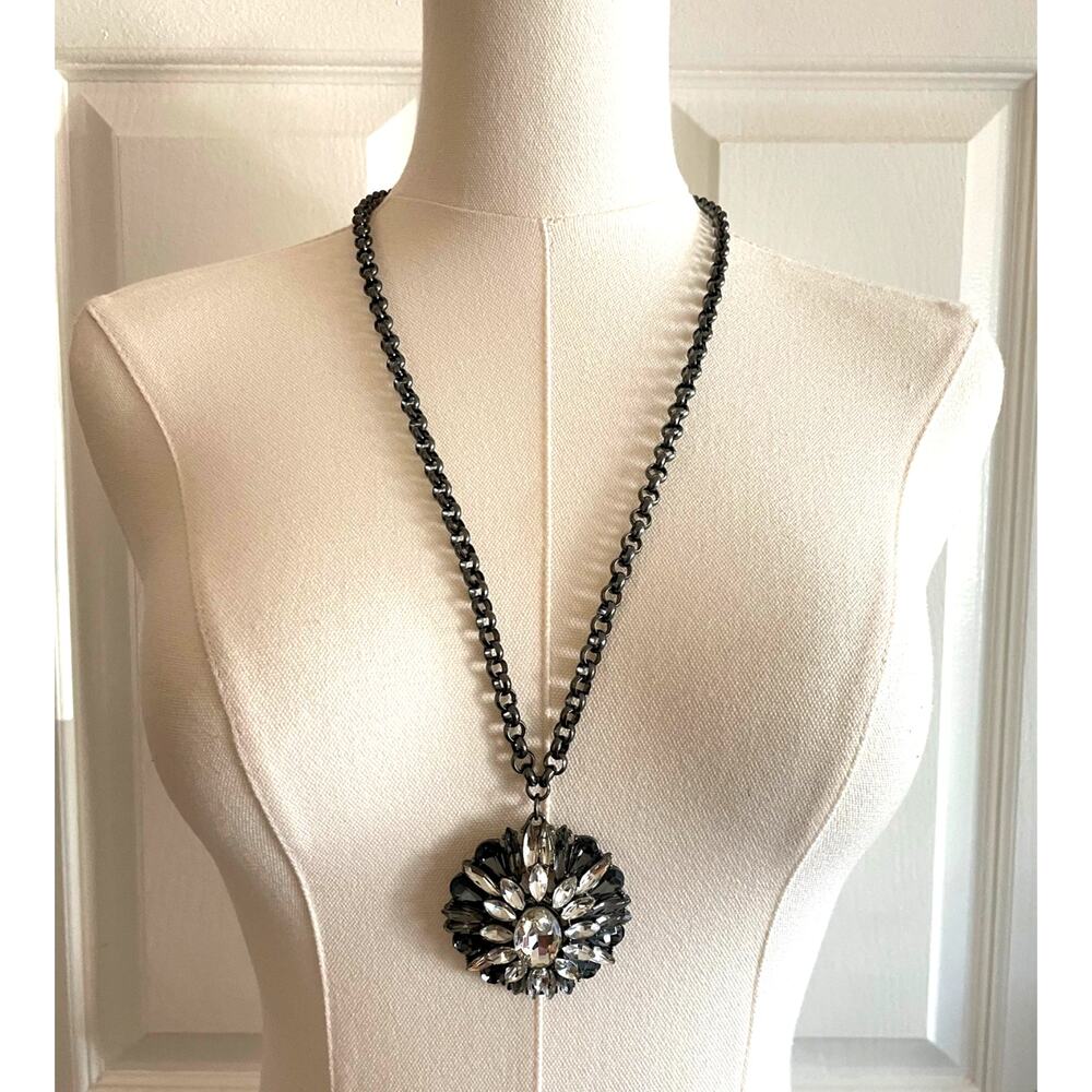 Tasha Gunmetal Wide Link Chain Statement Necklace Crystal Starburst Pendant